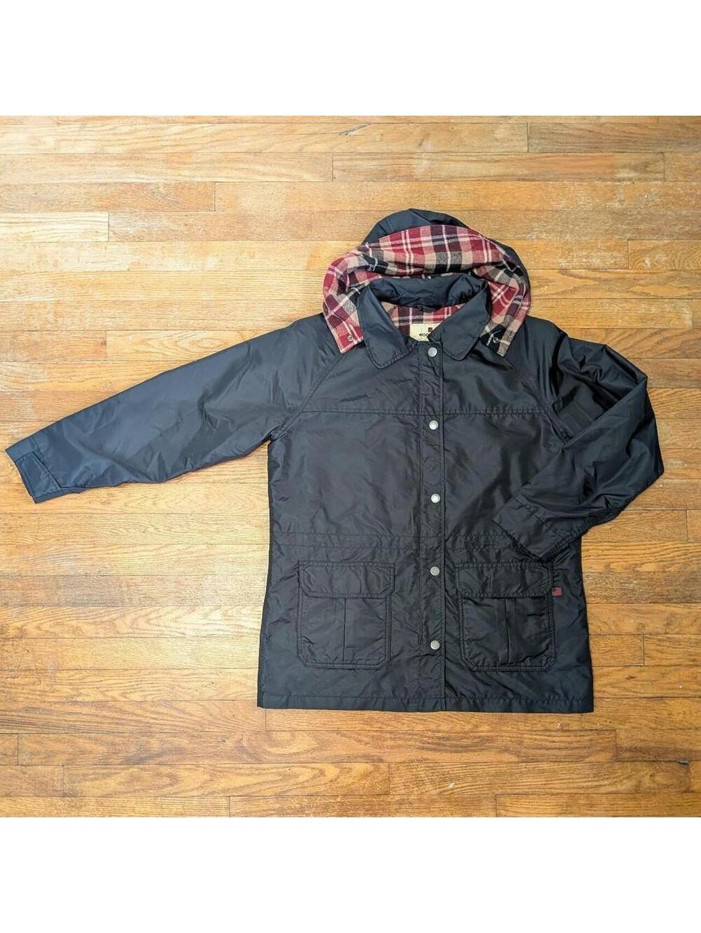 Woolrich Nylon Field Jacket Wool Plaid Lined Removable Hood Womens Size L